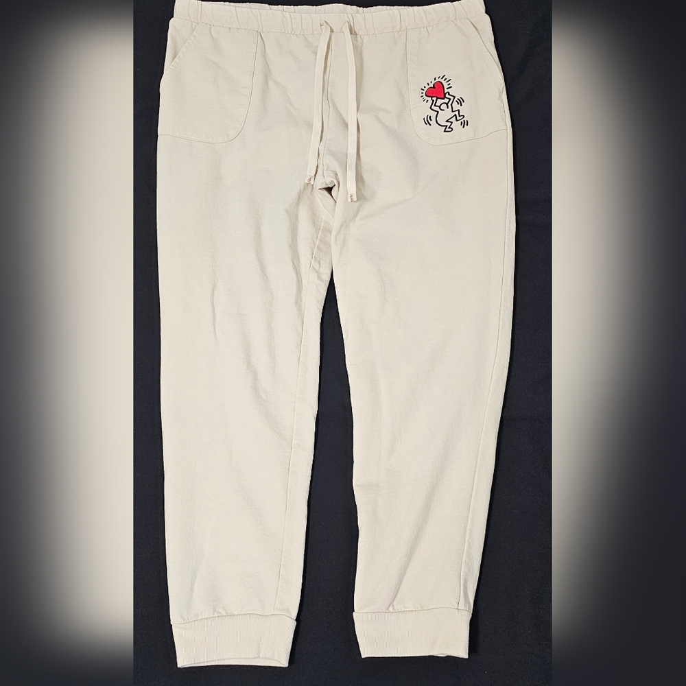 Keith Haring Cream Jogger Sweatpants XXL Beige Heart Graphic Drawstring Waist
